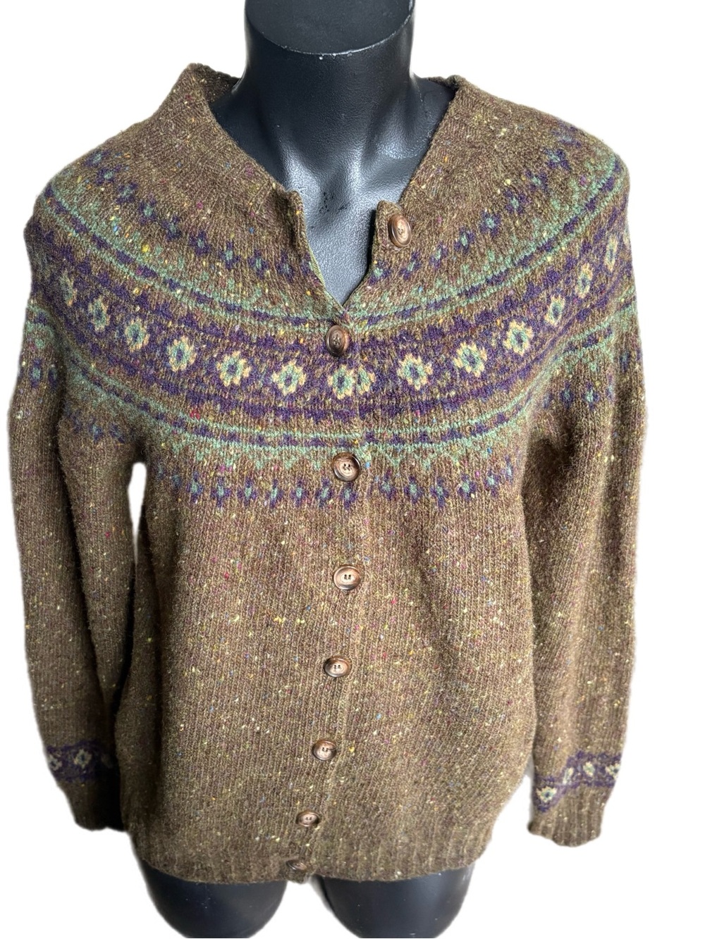 Harley of Scotland Fair Isle Cardigan Sweater Womens Small 100% Merino Wool